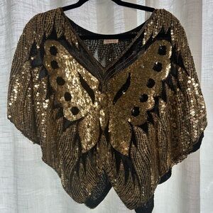 Vintage Gold and Black Sequin Butterfly Top Size L